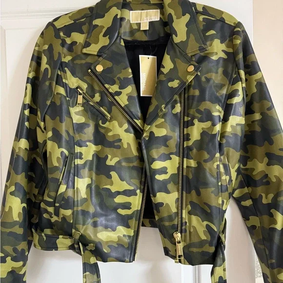 Michael Kors Green Camouflage Leather Jacket - Picture 2 of 6